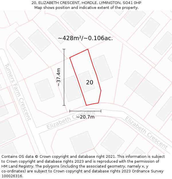 20, ELIZABETH CRESCENT, HORDLE, LYMINGTON, SO41 0HP: Plot and title map