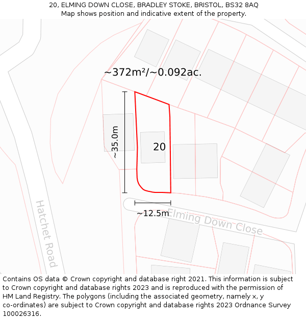 20, ELMING DOWN CLOSE, BRADLEY STOKE, BRISTOL, BS32 8AQ: Plot and title map