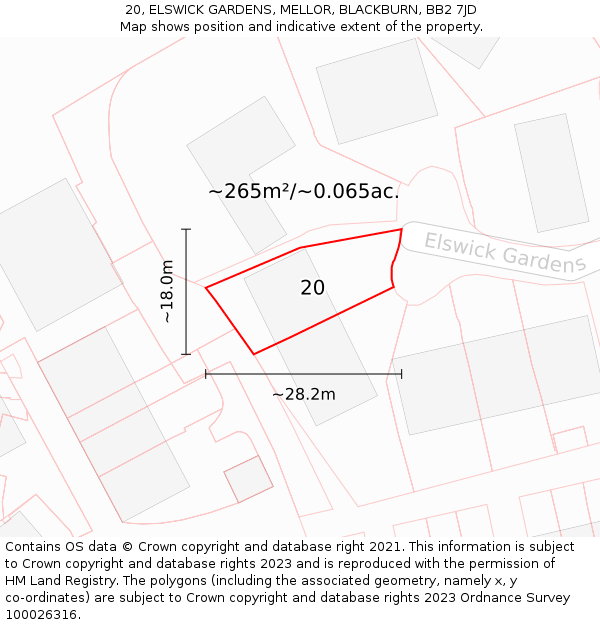 20, ELSWICK GARDENS, MELLOR, BLACKBURN, BB2 7JD: Plot and title map