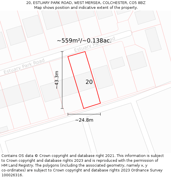 20, ESTUARY PARK ROAD, WEST MERSEA, COLCHESTER, CO5 8BZ: Plot and title map