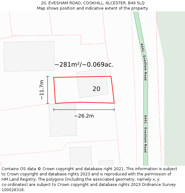 20, EVESHAM ROAD, COOKHILL, ALCESTER, B49 5LQ: Plot and title map