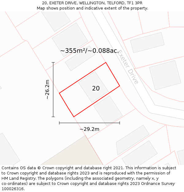 20, EXETER DRIVE, WELLINGTON, TELFORD, TF1 3PR: Plot and title map