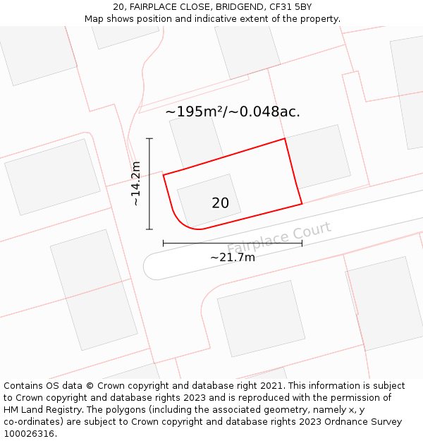 20, FAIRPLACE CLOSE, BRIDGEND, CF31 5BY: Plot and title map