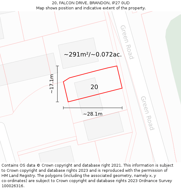 20, FALCON DRIVE, BRANDON, IP27 0UD: Plot and title map