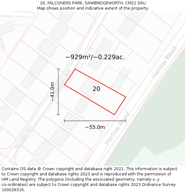 20, FALCONERS PARK, SAWBRIDGEWORTH, CM21 0AU: Plot and title map