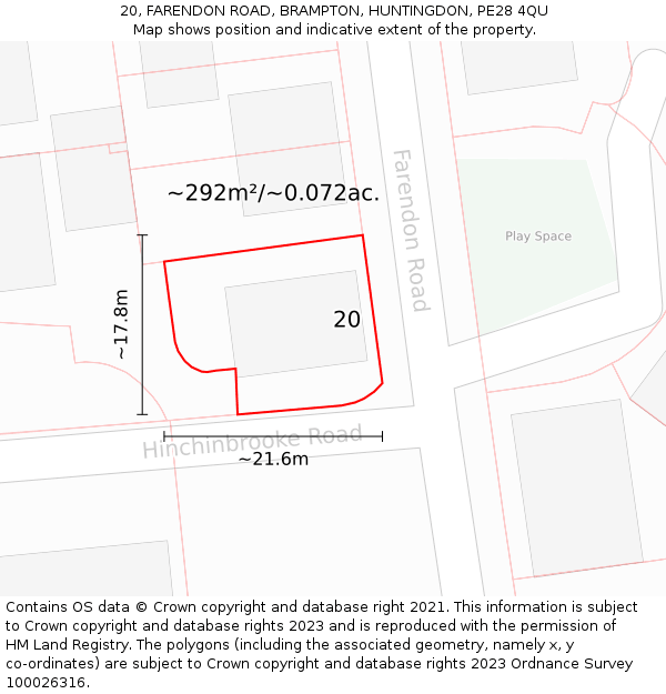 20, FARENDON ROAD, BRAMPTON, HUNTINGDON, PE28 4QU: Plot and title map