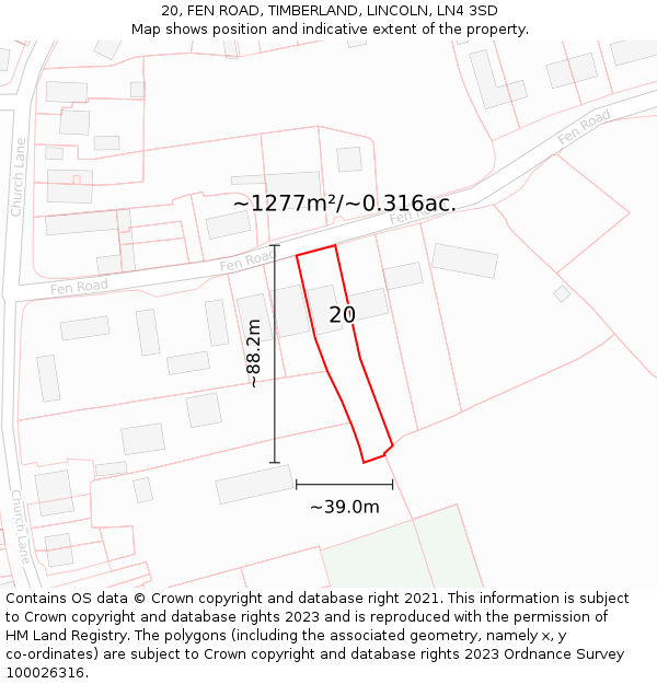 20, FEN ROAD, TIMBERLAND, LINCOLN, LN4 3SD: Plot and title map