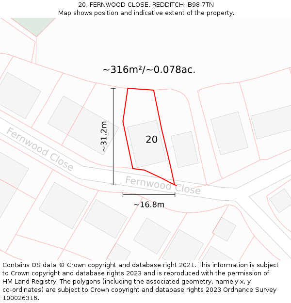 20, FERNWOOD CLOSE, REDDITCH, B98 7TN: Plot and title map