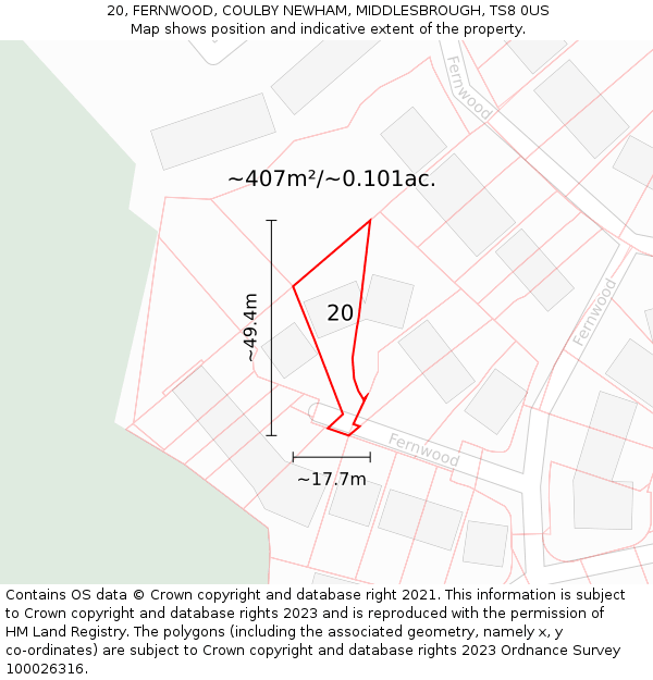 20, FERNWOOD, COULBY NEWHAM, MIDDLESBROUGH, TS8 0US: Plot and title map