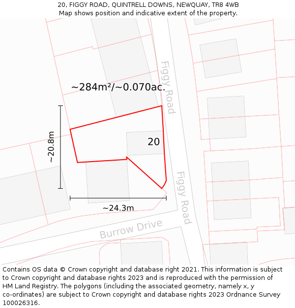 20, FIGGY ROAD, QUINTRELL DOWNS, NEWQUAY, TR8 4WB: Plot and title map