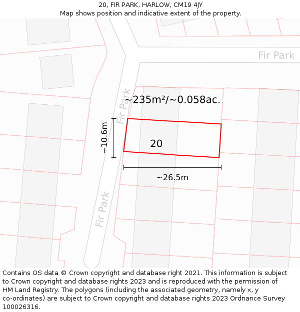 20, FIR PARK, HARLOW, CM19 4JY: Plot and title map