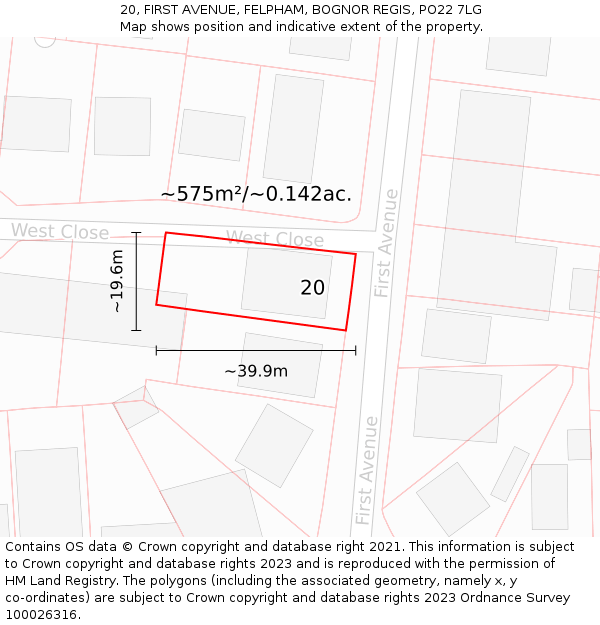 20, FIRST AVENUE, FELPHAM, BOGNOR REGIS, PO22 7LG: Plot and title map