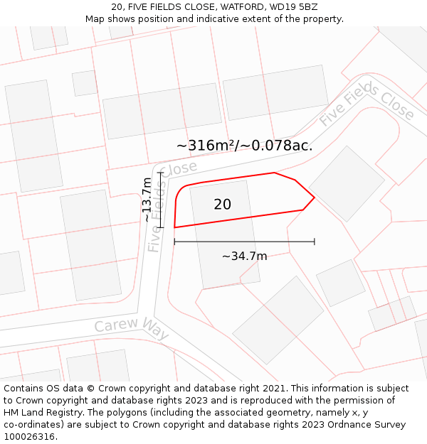 20, FIVE FIELDS CLOSE, WATFORD, WD19 5BZ: Plot and title map