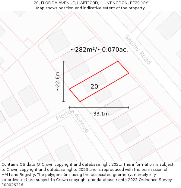 20, FLORIDA AVENUE, HARTFORD, HUNTINGDON, PE29 1PY: Plot and title map