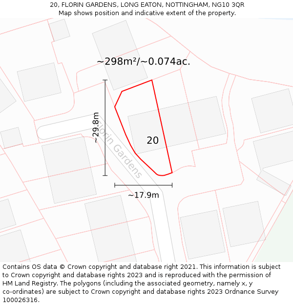 20, FLORIN GARDENS, LONG EATON, NOTTINGHAM, NG10 3QR: Plot and title map