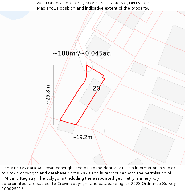 20, FLORLANDIA CLOSE, SOMPTING, LANCING, BN15 0QP: Plot and title map