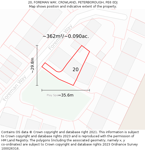 20, FOREMAN WAY, CROWLAND, PETERBOROUGH, PE6 0DJ: Plot and title map