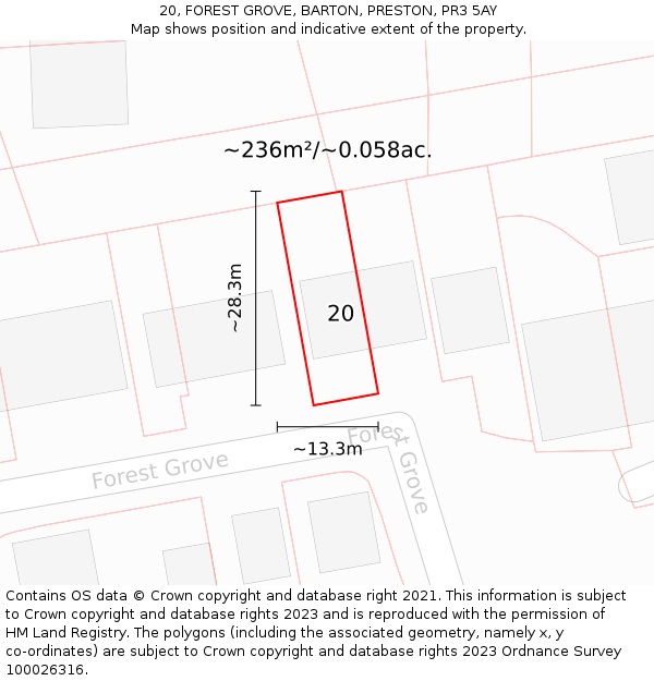 20, FOREST GROVE, BARTON, PRESTON, PR3 5AY: Plot and title map