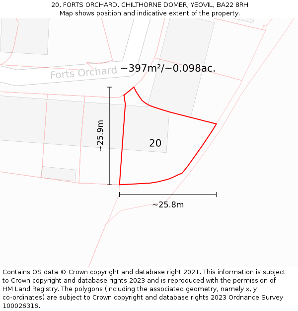 20, FORTS ORCHARD, CHILTHORNE DOMER, YEOVIL, BA22 8RH: Plot and title map