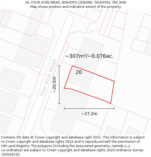 20, FOUR ACRE MEAD, BISHOPS LYDEARD, TAUNTON, TA4 3NW: Plot and title map