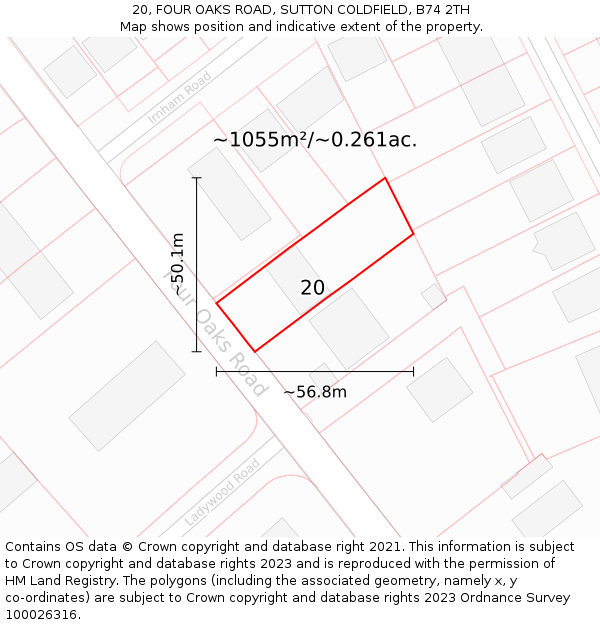 20, FOUR OAKS ROAD, SUTTON COLDFIELD, B74 2TH: Plot and title map