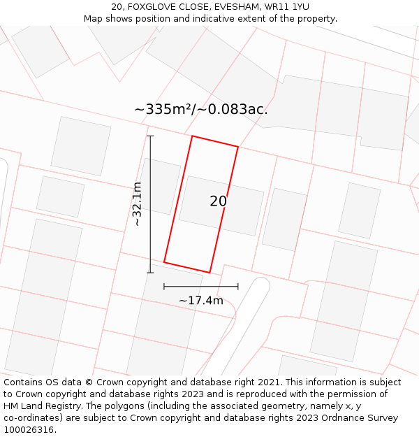 20, FOXGLOVE CLOSE, EVESHAM, WR11 1YU: Plot and title map