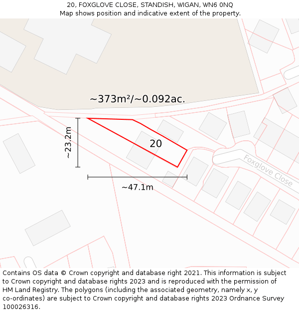 20, FOXGLOVE CLOSE, STANDISH, WIGAN, WN6 0NQ: Plot and title map