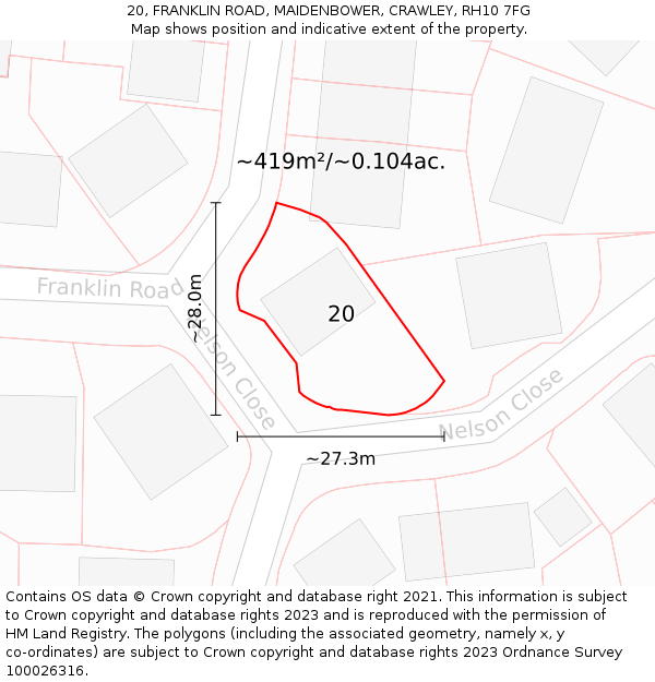 20, FRANKLIN ROAD, MAIDENBOWER, CRAWLEY, RH10 7FG: Plot and title map