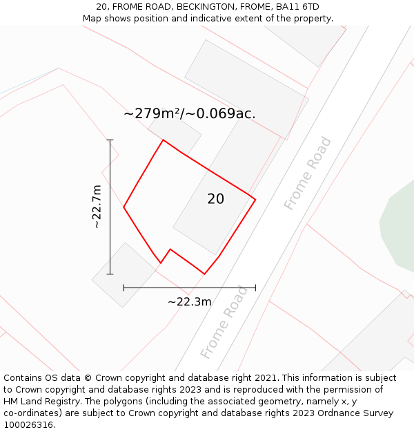 20, FROME ROAD, BECKINGTON, FROME, BA11 6TD: Plot and title map