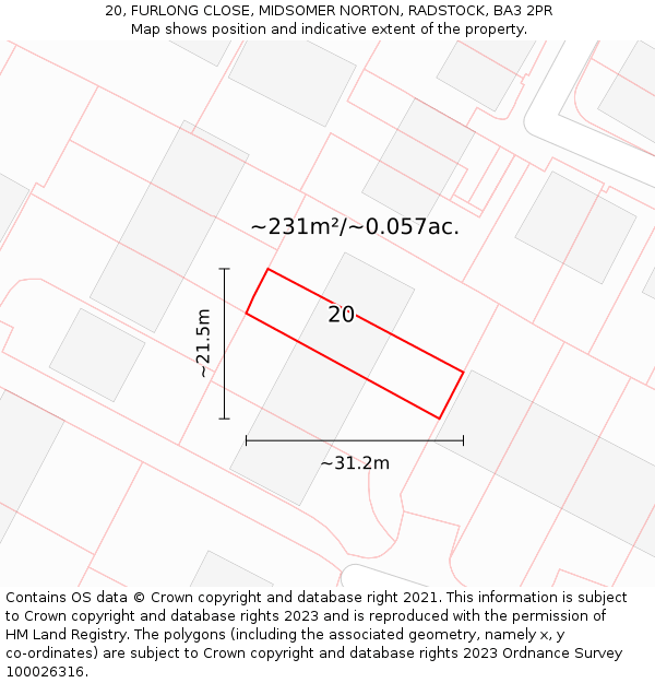 20, FURLONG CLOSE, MIDSOMER NORTON, RADSTOCK, BA3 2PR: Plot and title map
