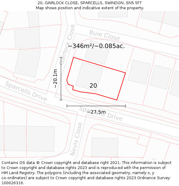 20, GAIRLOCK CLOSE, SPARCELLS, SWINDON, SN5 5FT: Plot and title map