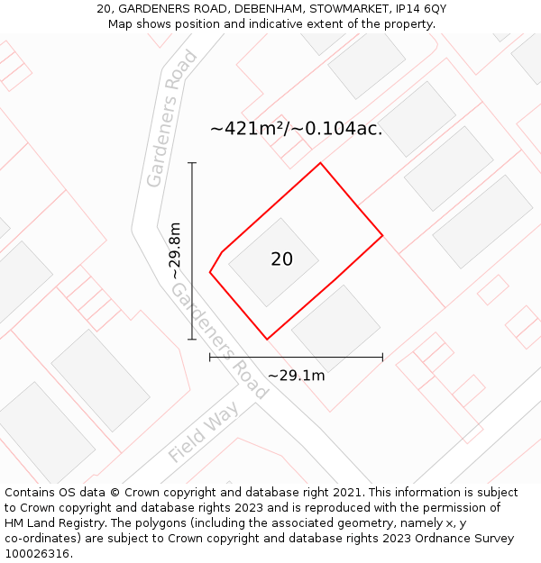 20, GARDENERS ROAD, DEBENHAM, STOWMARKET, IP14 6QY: Plot and title map