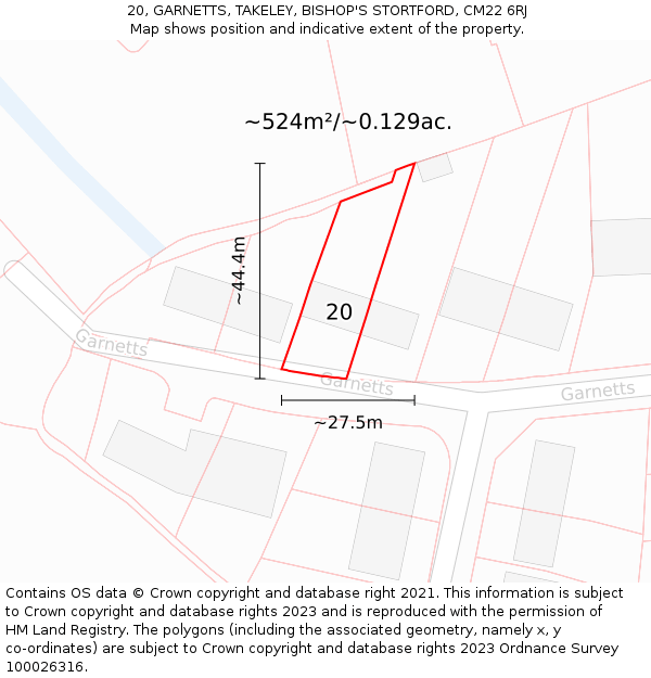 20, GARNETTS, TAKELEY, BISHOP'S STORTFORD, CM22 6RJ: Plot and title map