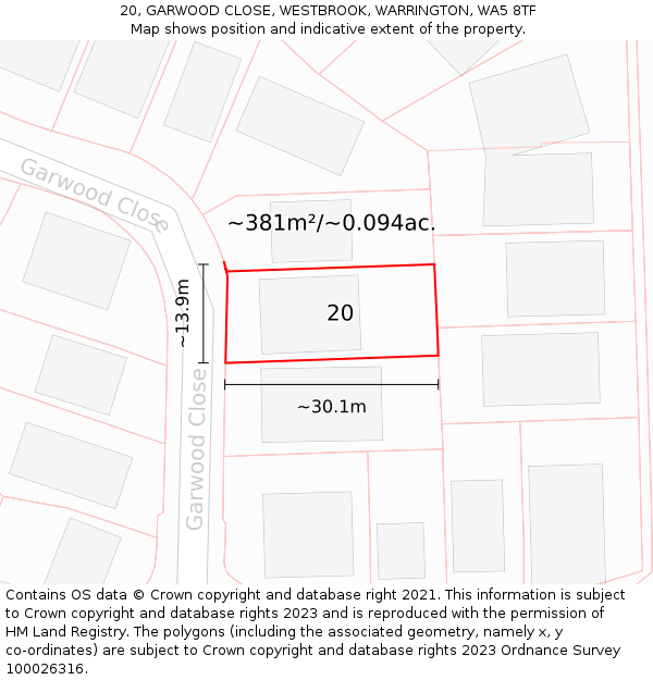 20, GARWOOD CLOSE, WESTBROOK, WARRINGTON, WA5 8TF: Plot and title map