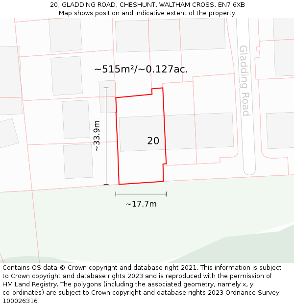 20, GLADDING ROAD, CHESHUNT, WALTHAM CROSS, EN7 6XB: Plot and title map