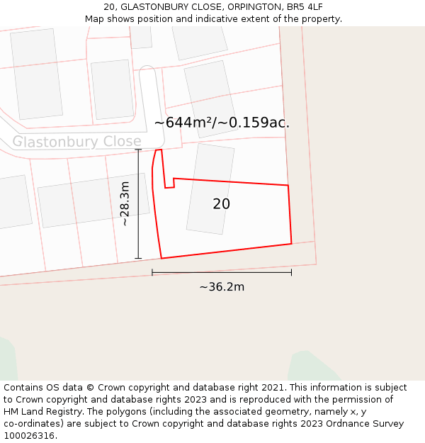 20, GLASTONBURY CLOSE, ORPINGTON, BR5 4LF: Plot and title map
