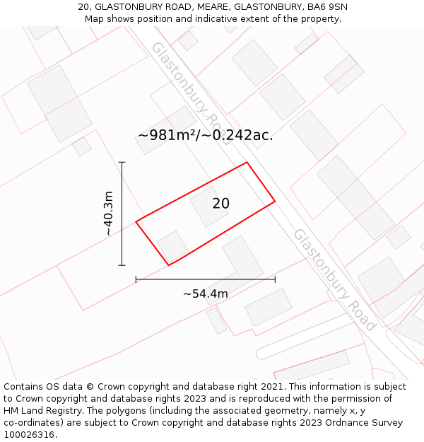 20, GLASTONBURY ROAD, MEARE, GLASTONBURY, BA6 9SN: Plot and title map