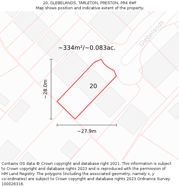 20, GLEBELANDS, TARLETON, PRESTON, PR4 6WF: Plot and title map