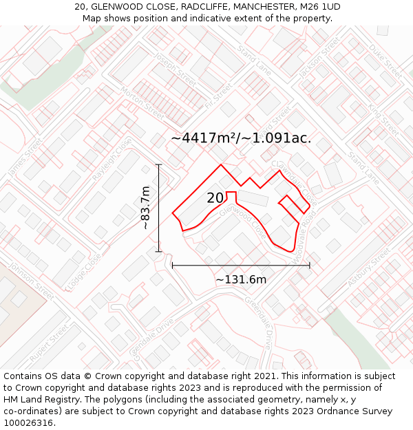 20, GLENWOOD CLOSE, RADCLIFFE, MANCHESTER, M26 1UD: Plot and title map