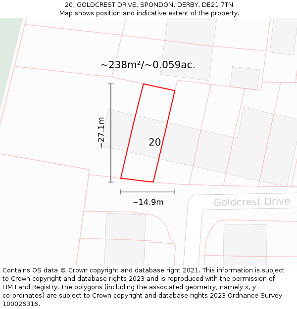 20, GOLDCREST DRIVE, SPONDON, DERBY, DE21 7TN: Plot and title map