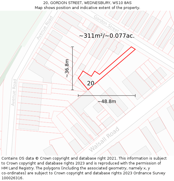 20, GORDON STREET, WEDNESBURY, WS10 8AS: Plot and title map
