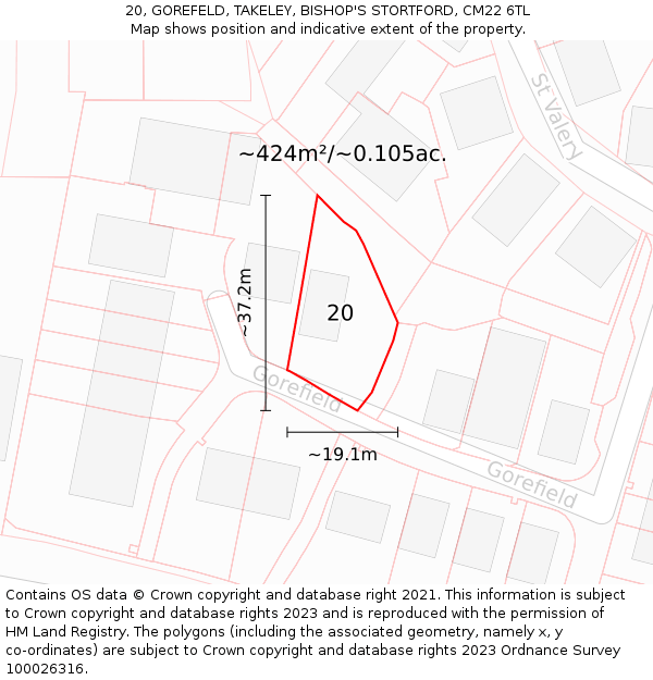 20, GOREFELD, TAKELEY, BISHOP'S STORTFORD, CM22 6TL: Plot and title map
