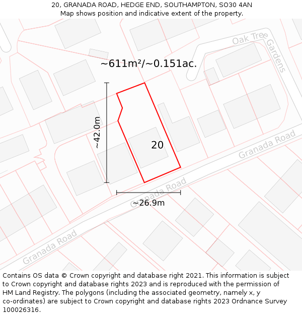20, GRANADA ROAD, HEDGE END, SOUTHAMPTON, SO30 4AN: Plot and title map