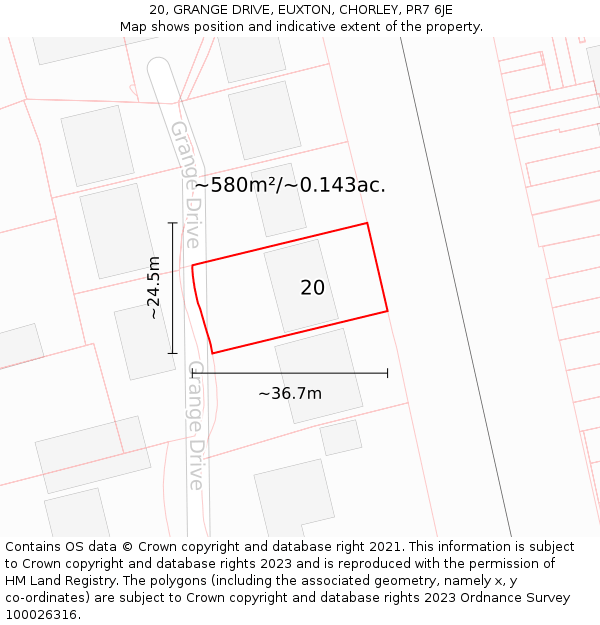 20, GRANGE DRIVE, EUXTON, CHORLEY, PR7 6JE: Plot and title map