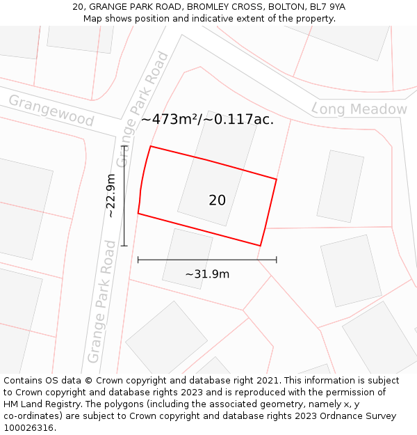 20, GRANGE PARK ROAD, BROMLEY CROSS, BOLTON, BL7 9YA: Plot and title map