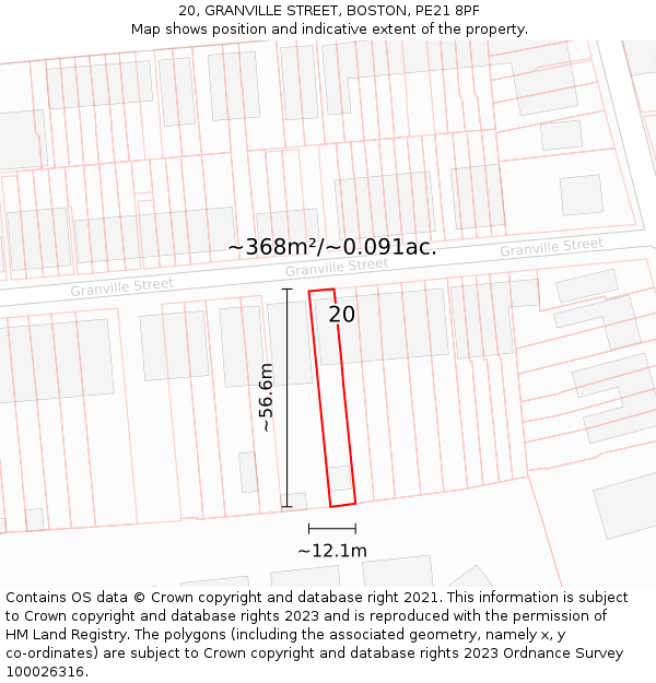 20, GRANVILLE STREET, BOSTON, PE21 8PF: Plot and title map