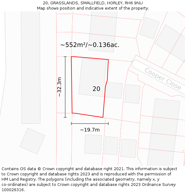 20, GRASSLANDS, SMALLFIELD, HORLEY, RH6 9NU: Plot and title map