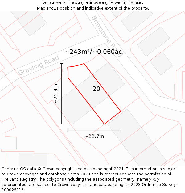 20, GRAYLING ROAD, PINEWOOD, IPSWICH, IP8 3NG: Plot and title map