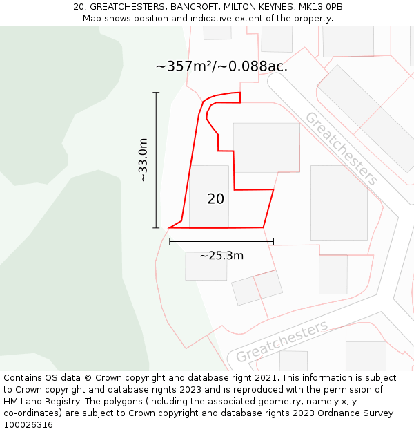 20, GREATCHESTERS, BANCROFT, MILTON KEYNES, MK13 0PB: Plot and title map