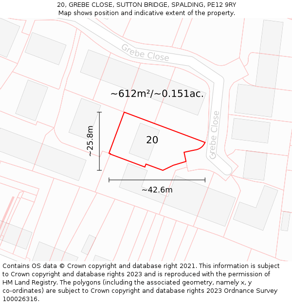 20, GREBE CLOSE, SUTTON BRIDGE, SPALDING, PE12 9RY: Plot and title map